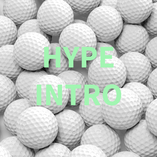 Pile of white golf balls with stacked HYPE INTRO text in mint green representing a custom first-tee golfer introduction voiceover.