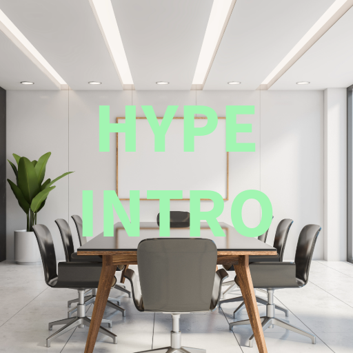 Modern conference room with mint green HYPE INTRO text representing a custom corporate meeting voiceover introduction.