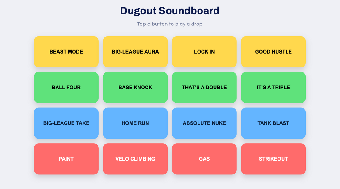 Baseball dugout soundboard with 16 hype buttons including home run, strikeout, base hit, and ball four sounds