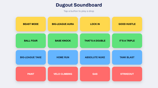 Baseball dugout soundboard with 16 hype buttons including home run, strikeout, base hit, and ball four sounds