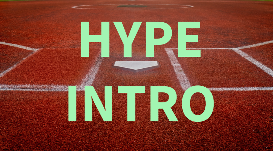 Hype Intro mint green text overlay on orange clay colored softball field with a view from behind home plate and batters box