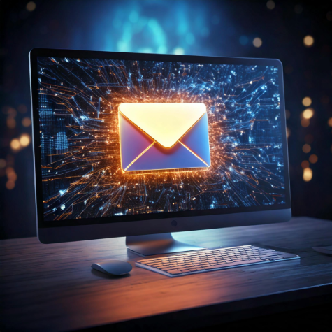 Computer screen displaying a glowing email envelope icon representing digital delivery of our custom voiceover products.