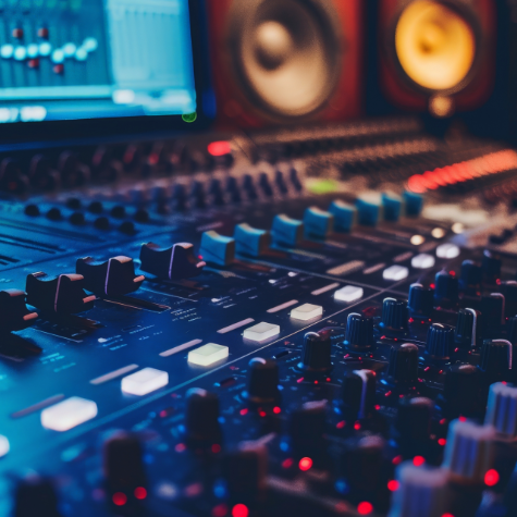 Two studio speakers above an audio mixing console with red illuminated fader controls representing elite audio production.